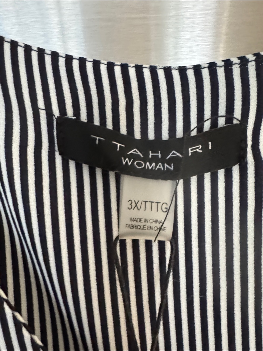PLUS SIZE T Tahari Black & White Vertical Stripe Button-Front Blouse - Picture 2 of 7